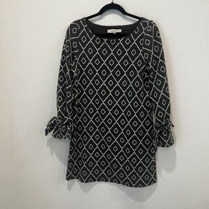 LOFT Dress Womens Size S Gray White Diamond Tie Cuff Sleeve Shift Mini Office